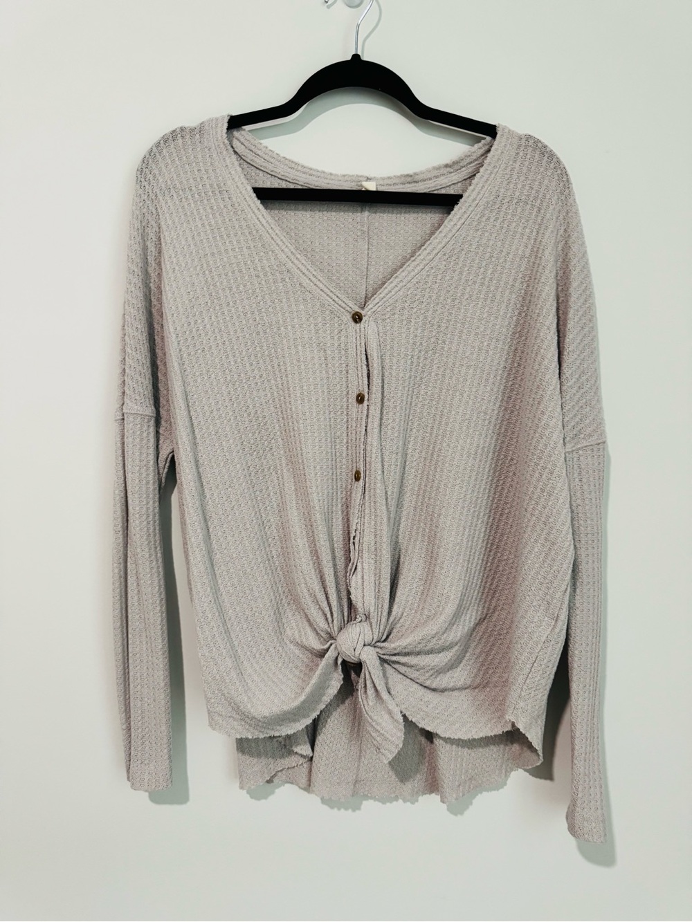 Wishlist Light Taupe Waffle-Knit Button Tie-Front Long Sleeve Top